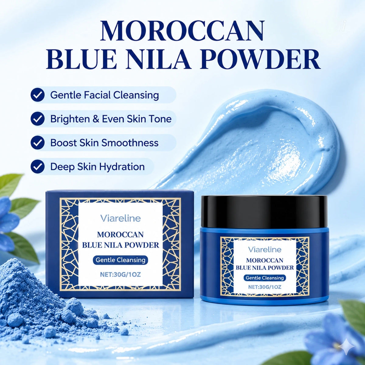 Moroccan Blue Nila Mask Powder Gentle Cleansing Brighten Even Skin Tone Deep Hydration Smoothing Radiant Facial Skin Care