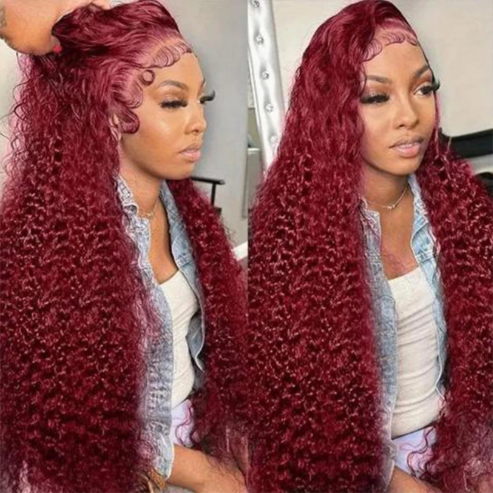 Brazilian 99J Burgundy Deep Wave Lace Front Wigs Human Hair 250 Density Curly Wig Wet and Wavy Lace Closure Beauty Wigs On Clearance Sales Pre Plucked Frontal Human Hair Wigs 32 Inch For Black Woman Cosplay Party Daily Use