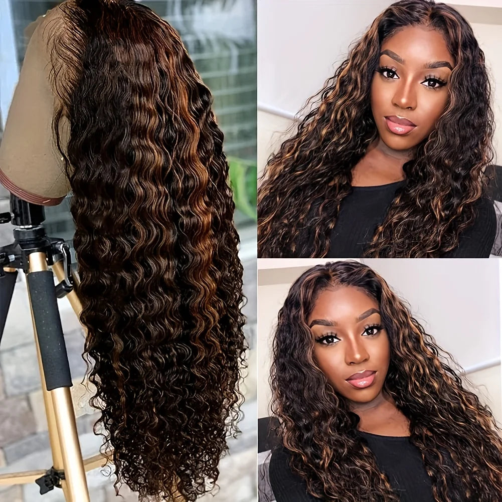 Highlight Lace Front Wig Human Hair 1B/30 Black And Brown Deep Wave Wigs Glueless Wigs Human Hair Pre Cut 4X4 HD Lace Frontal Wig Human Hair Pre Plucked with Baby Hair Density Human Hair Bundles