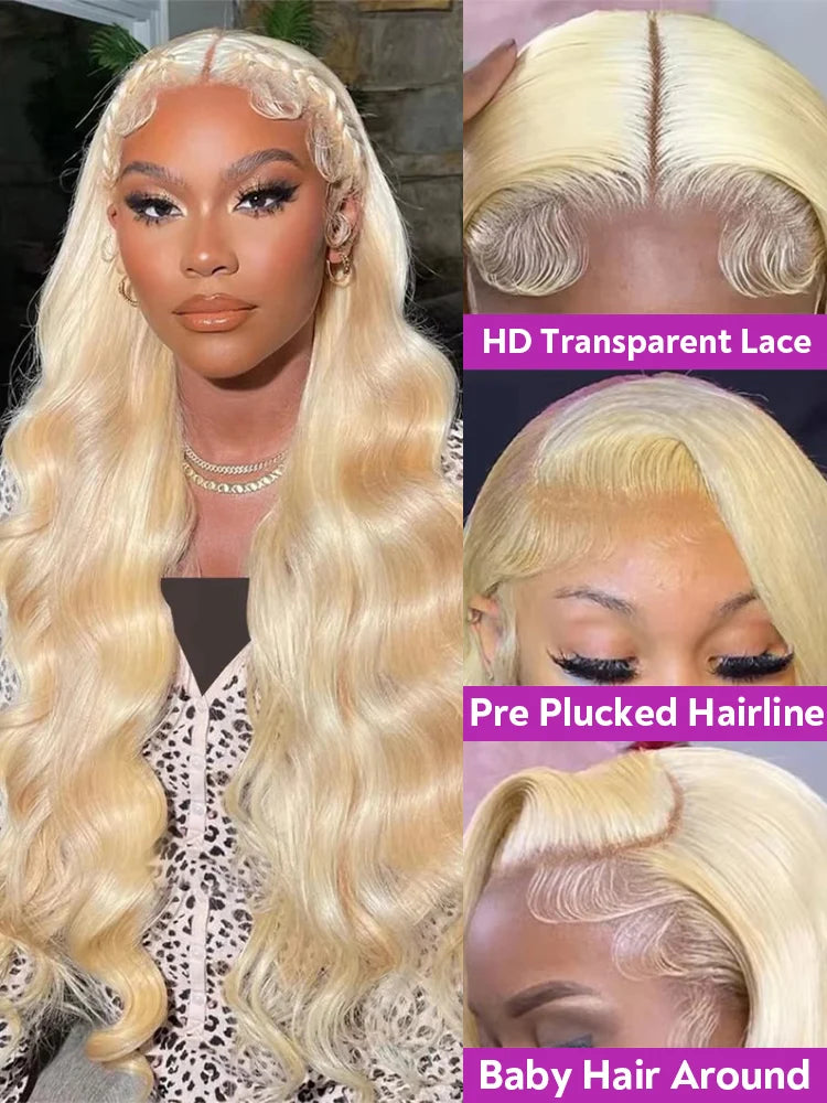 220% Density 613 Honey Blonde Body Wave Lace Front Wig 40 42 Inch 13x4 HD Transparent Lace Front Wig For Women 13x6 Brazilian Human Hair Pre Plucked Natural Hairline With Baby Hair