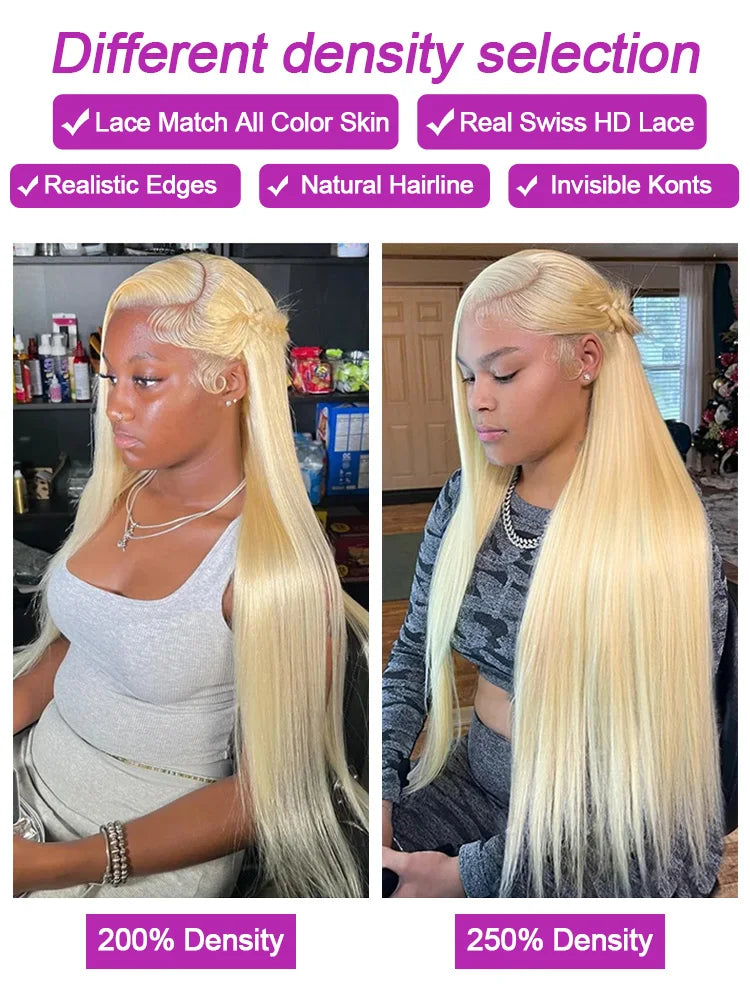 613 Blonde Bone Straight Human Hair Wig 13x4 13x6 HD Transparent Lace Front Wig Brazilian Human Hair Bone Straight Wig 250% Density Preplucked Natural Hairline For Black Women 40 42 Inch