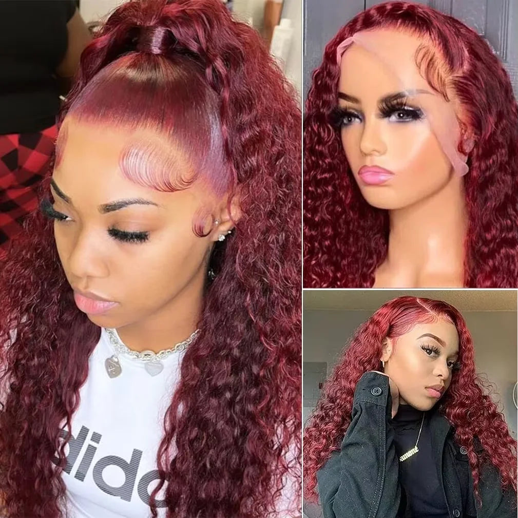 Brazilian 99J Burgundy Deep Wave Lace Front Wigs Human Hair 250 Density Curly Wig Wet and Wavy Lace Closure Beauty Wigs On Clearance Sales Pre Plucked Frontal Human Hair Wigs 32 Inch For Black Woman Cosplay Party Daily Use