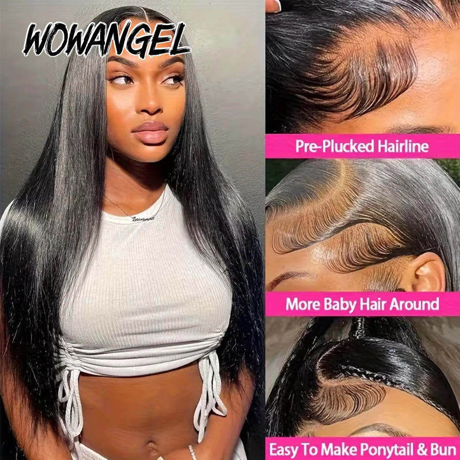 WowAngel Glueless Wigs Straight 13x6 HD Lace Front Wigs Pre Plucked 100% Human Hair Wigs Brazilian Hair For Women Pre Bleached