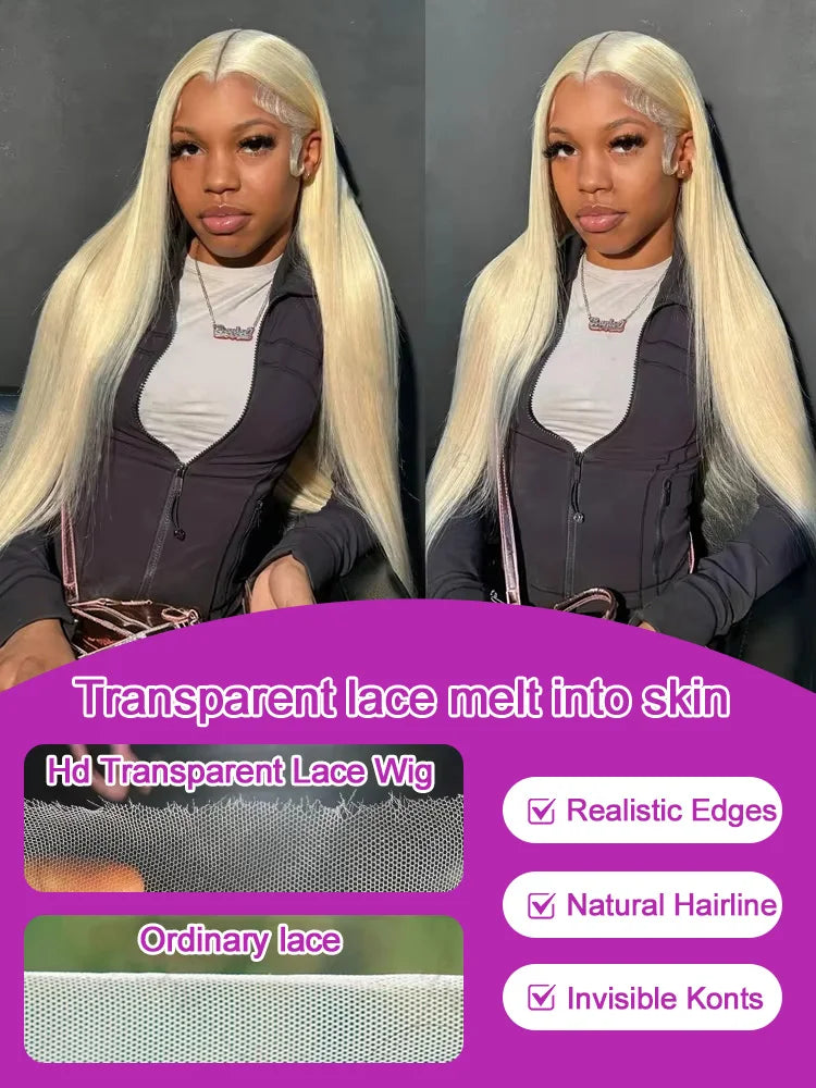 613 Blonde Bone Straight Human Hair Wig 13x4 13x6 HD Transparent Lace Front Wig Brazilian Human Hair Bone Straight Wig 250% Density Preplucked Natural Hairline For Black Women 40 42 Inch