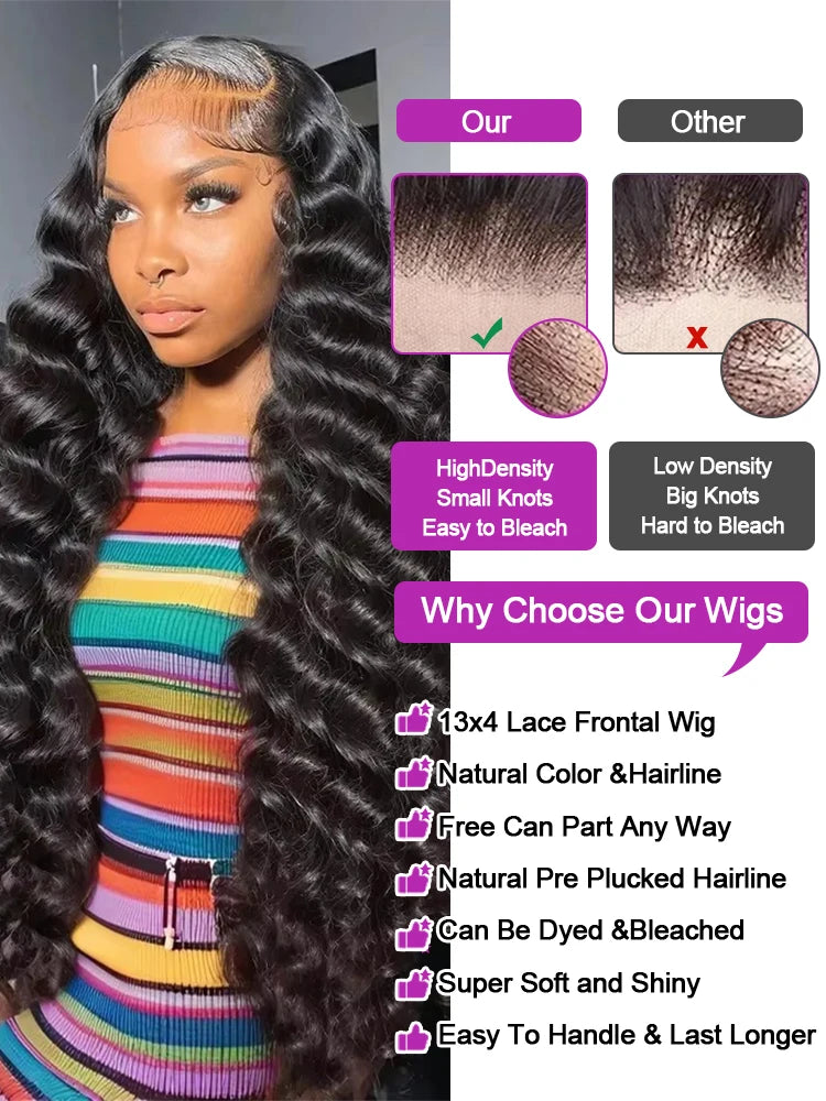 250 Density 40 42 Inch Loose Deep Wave Wigs 100% Brazilian Curly Wig Human Hair Wig 13x4 13x6 HD Transparent Lace Frontal Wig Pre Plucked Natural Black 360 Full Lace Front Human Hair Wigs For Women