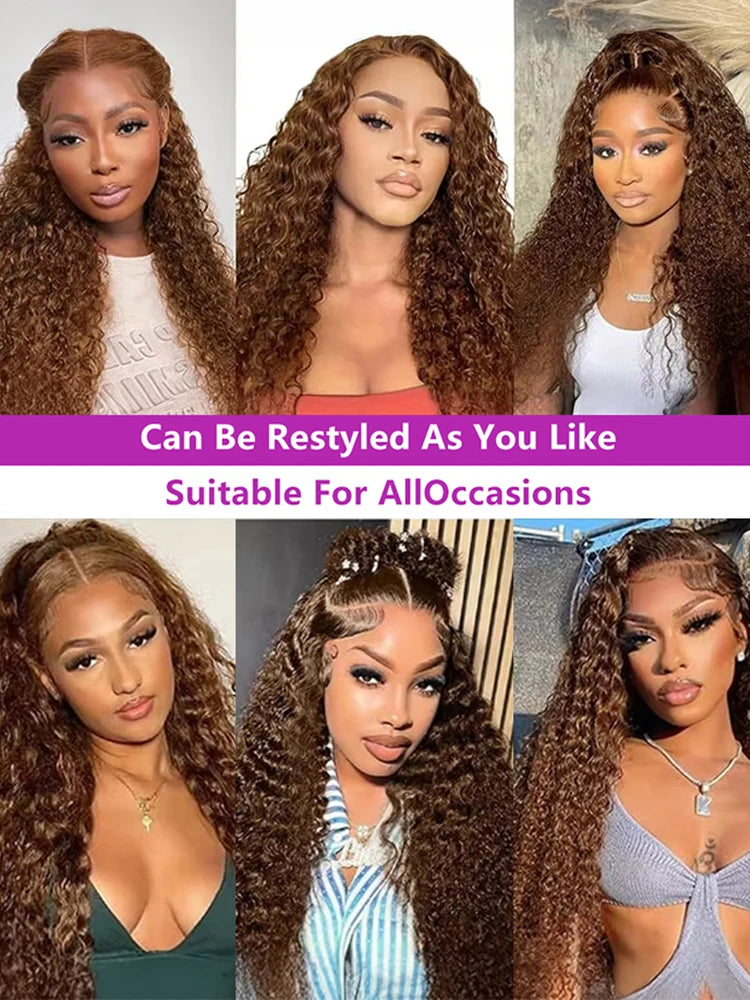 250% Density Chocolate Brown Deep Wave Lace Front Wig 44 Inch 13x6 HD Lace Front Human Hair Wigs 13x4 Brazilian Curly Transparent Human Hair Wigs Pre Plucked Hair For Black Women