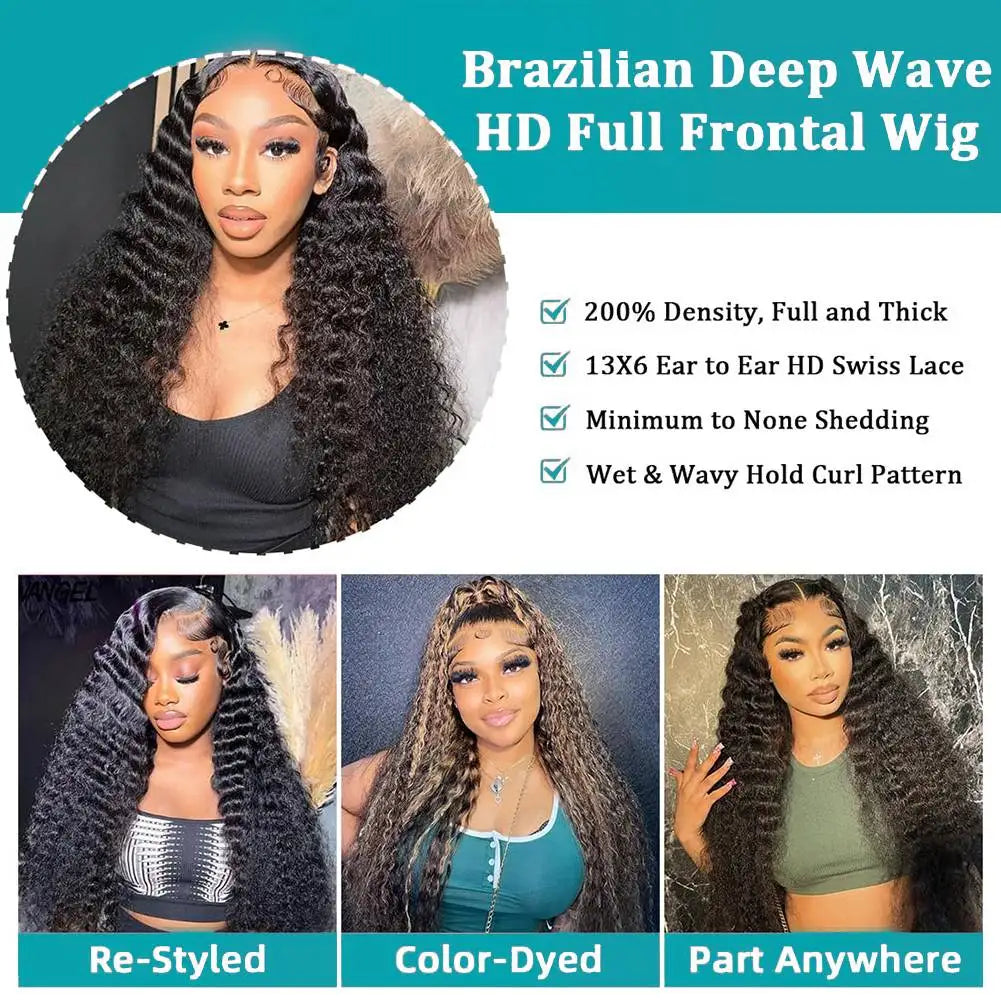 40 46 Inch Deep Wave 13x6 13x4 HD Lace Front Human Hair Wig 220 Density Water Curly Lace Frontal Wigs Human Hair For Black Women