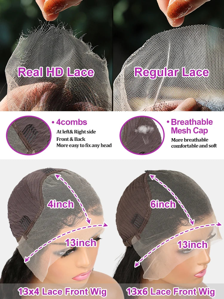 250% Density Chocolate Brown Deep Wave Lace Front Wig 44 Inch 13x6 HD Lace Front Human Hair Wigs 13x4 Brazilian Curly Transparent Human Hair Wigs Pre Plucked Hair For Black Women
