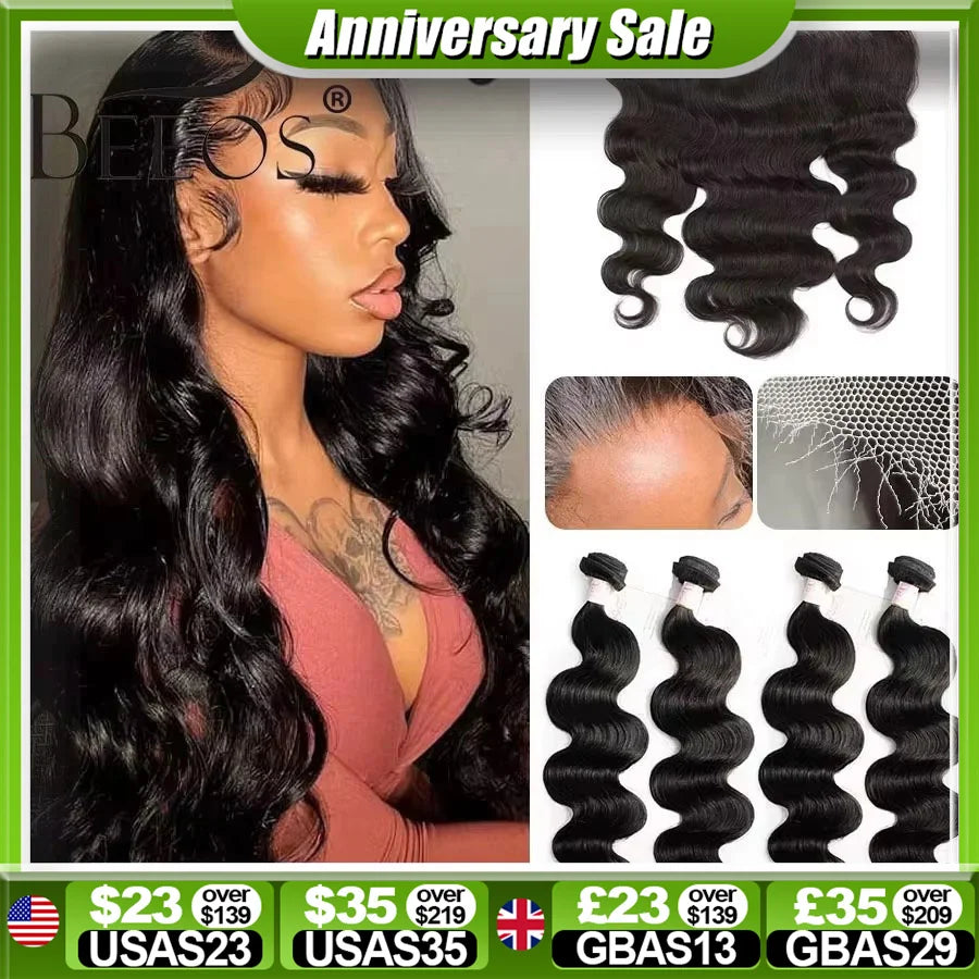 BEEOS Body Wave Bundles With 13x6 HD Lace Frontal Human Hair Wigs Undetectable 3 Bundles With HD Closure Hair Weave Extension
