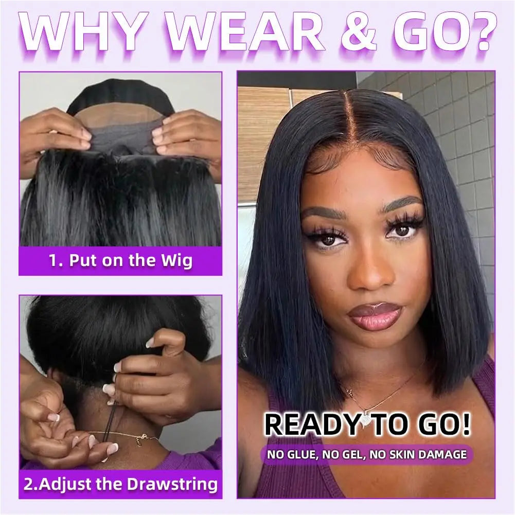 Glueless 7x5 Bob Wigs Human Hair Bone Straight 13x4 Lace Frontal Short Wigs Wear And Go Pre Cut Brazilian Hair 180 Density 10 12 Inch Black Real Hair Wig