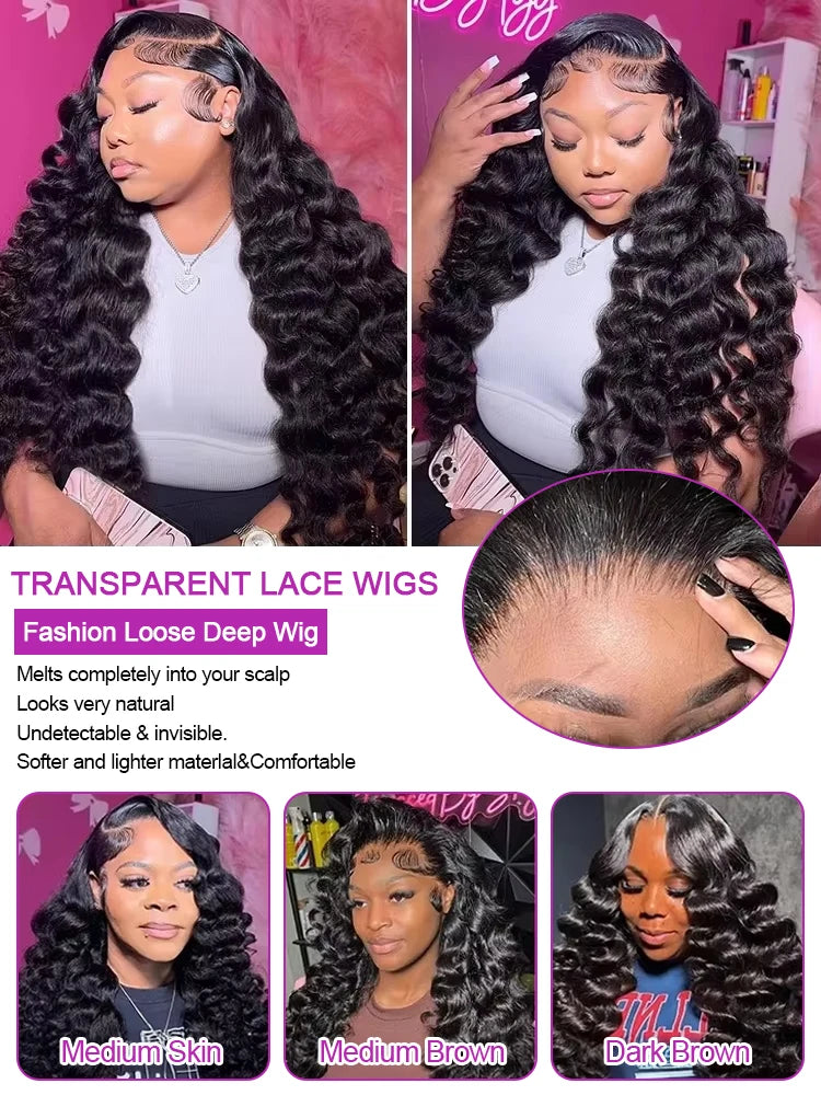 250 Density 40 42 Inch Loose Deep Wave Wigs 100% Brazilian Curly Wig Human Hair Wig 13x4 13x6 HD Transparent Lace Frontal Wig Pre Plucked Natural Black 360 Full Lace Front Human Hair Wigs For Women