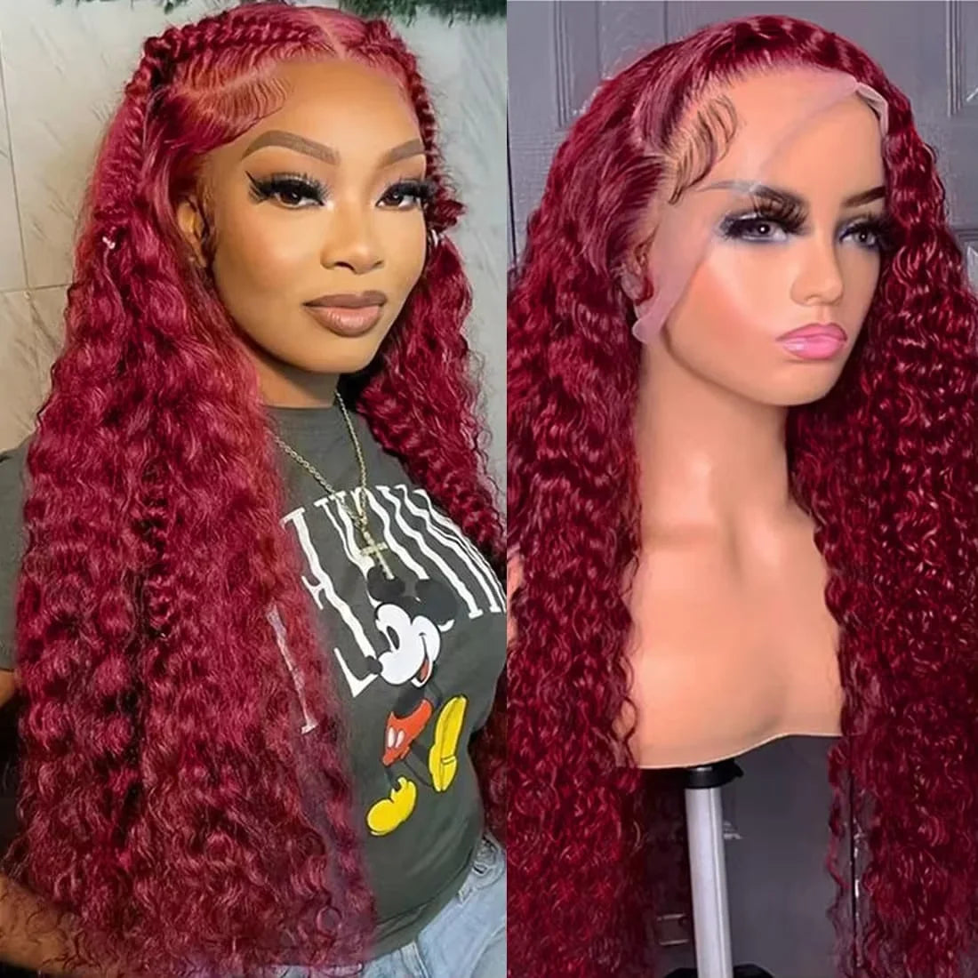 Brazilian 99J Burgundy Deep Wave Lace Front Wigs Human Hair 250 Density Curly Wig Wet and Wavy Lace Closure Beauty Wigs On Clearance Sales Pre Plucked Frontal Human Hair Wigs 32 Inch For Black Woman Cosplay Party Daily Use