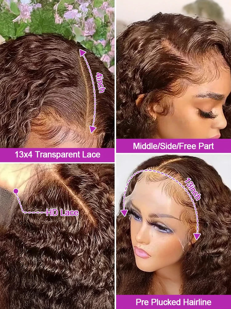 250% Density Chocolate Brown Deep Wave Lace Front Wig 44 Inch 13x6 HD Lace Front Human Hair Wigs 13x4 Brazilian Curly Transparent Human Hair Wigs Pre Plucked Hair For Black Women