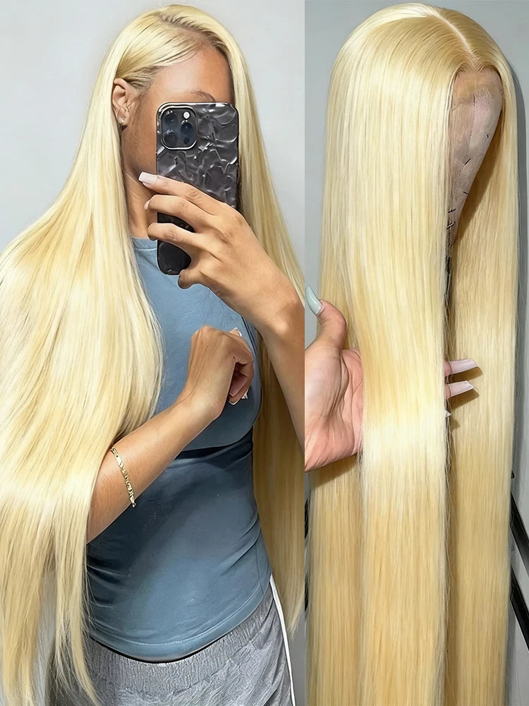 613 Blonde Bone Straight Human Hair Wig 13x4 13x6 HD Transparent Lace Front Wig Brazilian Human Hair Bone Straight Wig 250% Density Preplucked Natural Hairline For Black Women 40 42 Inch