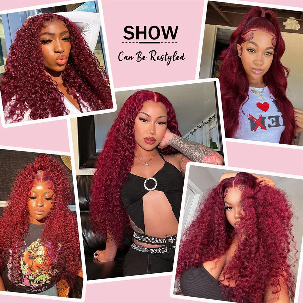 Brazilian 99J Burgundy Deep Wave Lace Front Wigs Human Hair 250 Density Curly Wig Wet and Wavy Lace Closure Beauty Wigs On Clearance Sales Pre Plucked Frontal Human Hair Wigs 32 Inch For Black Woman Cosplay Party Daily Use