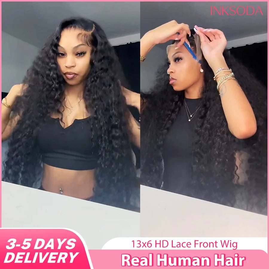 Deep Wave Human Hair Wigs 13X6 Hd Lace Frontal Wig Curly Lace Front Wig 40 Inch 220 Density Brazilian Wig Original Natural Black