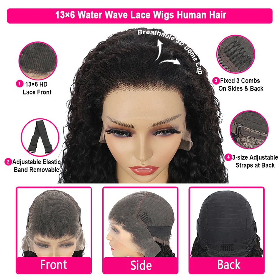 100% Human Hair Water Wave 13X6 Lace Front Wigs Pre Plucked 200 Density Deep Part Curly Wig For Woman 5X5 Wavy HD Closure Wig 32