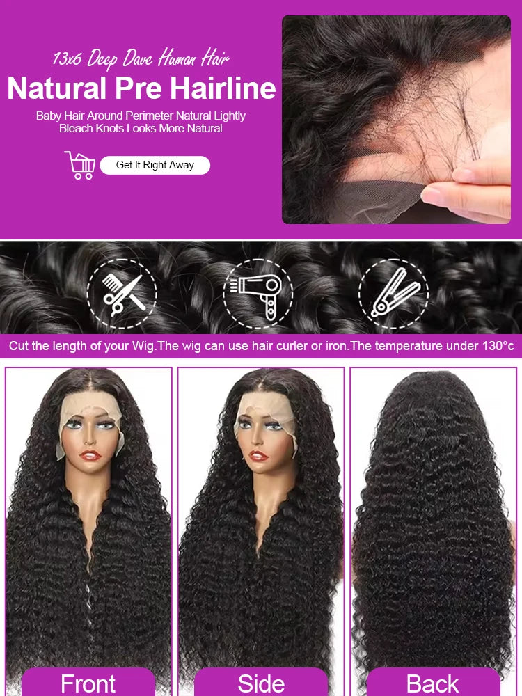 Deep Water Wave Wigs 13x4 HD Transparent Lace Front Human Hair Wigs 13x6 Lace Frontal Wig 300% Glueless Human Hair Curly Wigs