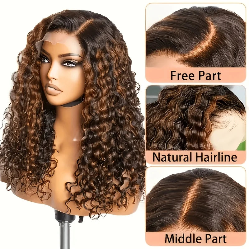 Highlight Lace Front Wig Human Hair 1B/30 Black And Brown Deep Wave Wigs Glueless Wigs Human Hair Pre Cut 4X4 HD Lace Frontal Wig Human Hair Pre Plucked with Baby Hair Density Human Hair Bundles
