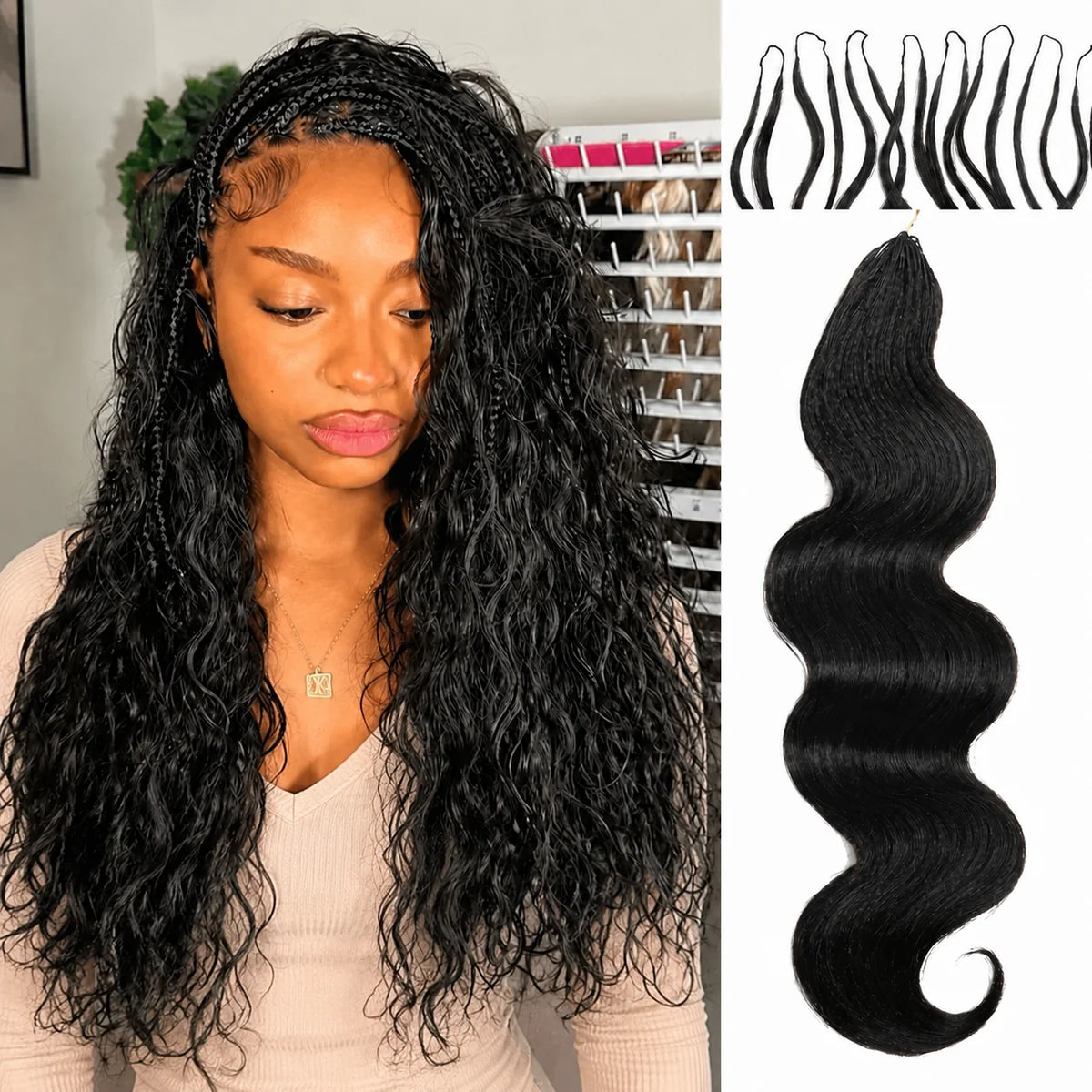 Virgin Brazilian Feather Human Hair Bundles Miracle Knots Body Wave Knotless Pre Separated Crochet Hair Extensions With Threading High Quality Human Braiding Hair For Creating Various Fashion Crochet Braid Looks