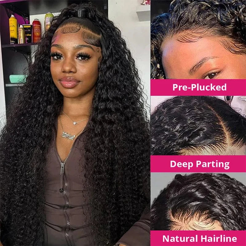 Deep Wave Human Hair Wigs 13X6 Hd Lace Frontal Wig Curly Lace Front Wig 40 Inch 220 Density Brazilian Wig Original Natural Black