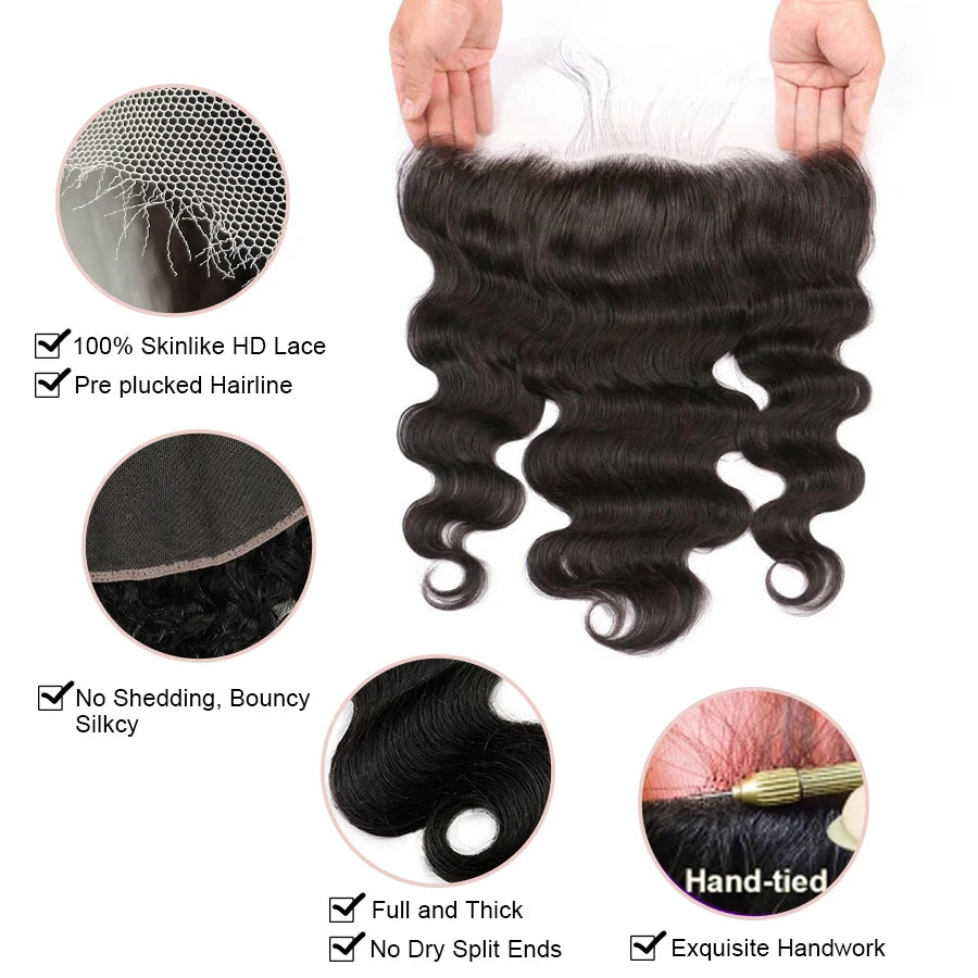 BEEOS Body Wave Bundles With 13x6 HD Lace Frontal Human Hair Wigs Undetectable 3 Bundles With HD Closure Hair Weave Extension