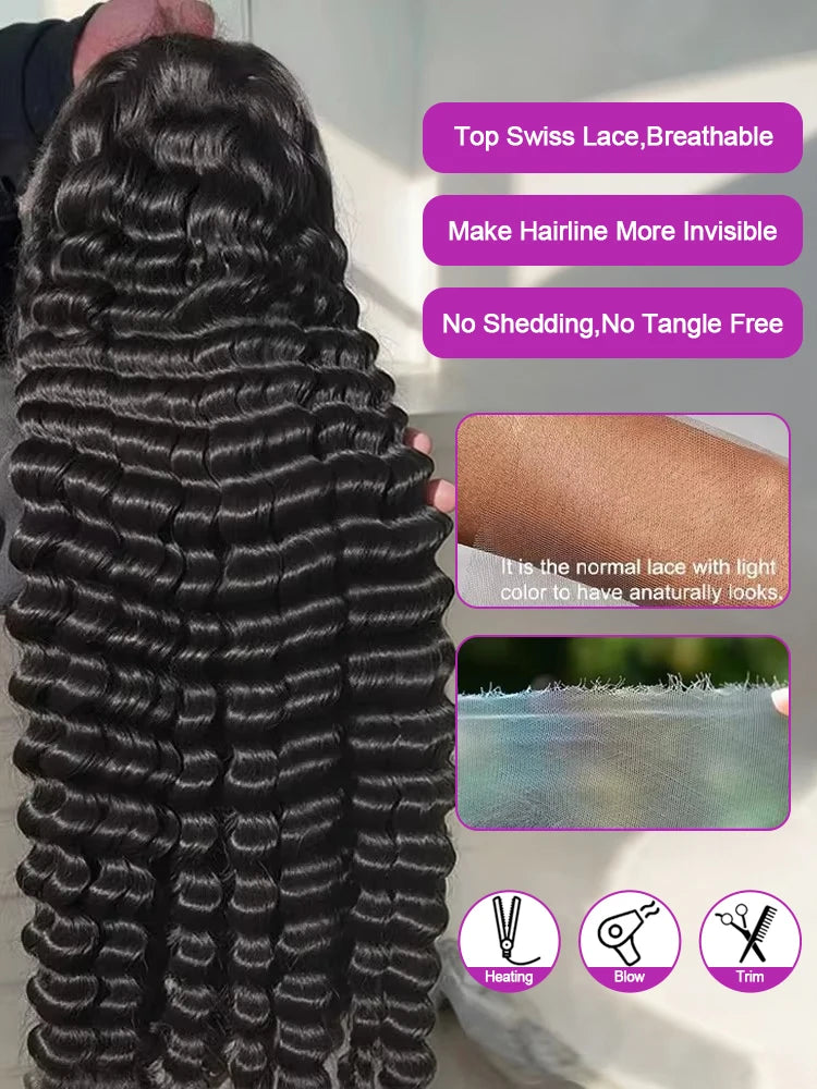 250 Density 40 42 Inch Loose Deep Wave Wigs 100% Brazilian Curly Wig Human Hair Wig 13x4 13x6 HD Transparent Lace Frontal Wig Pre Plucked Natural Black 360 Full Lace Front Human Hair Wigs For Women