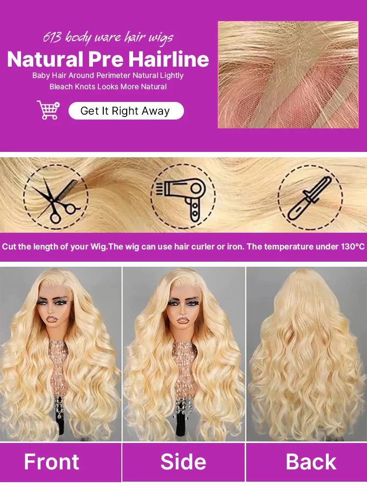 220% Density 613 Honey Blonde Body Wave Lace Front Wig 40 42 Inch 13x4 HD Transparent Lace Front Wig For Women 13x6 Brazilian Human Hair Pre Plucked Natural Hairline With Baby Hair