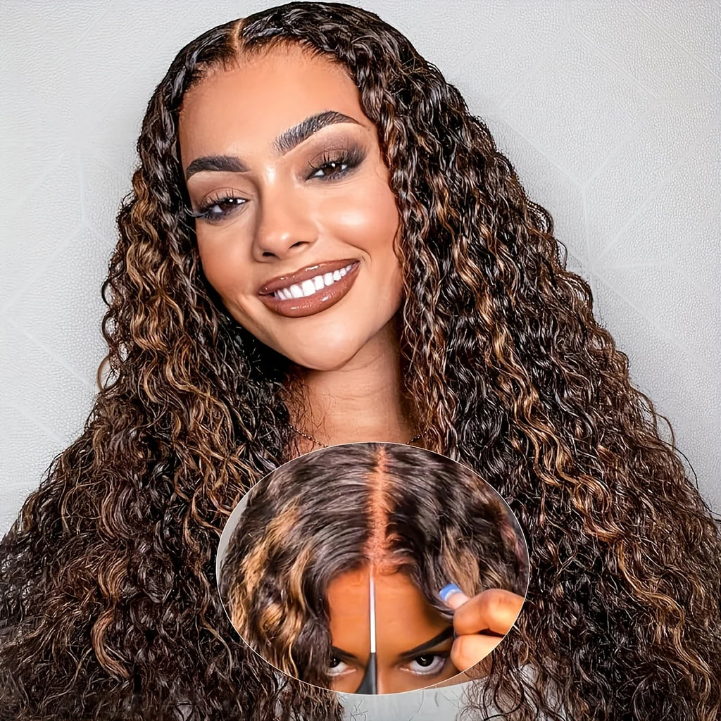 Highlight Lace Front Wig Human Hair 1B/30 Black And Brown Deep Wave Wigs Glueless Wigs Human Hair Pre Cut 4X4 HD Lace Frontal Wig Human Hair Pre Plucked with Baby Hair Density Human Hair Bundles