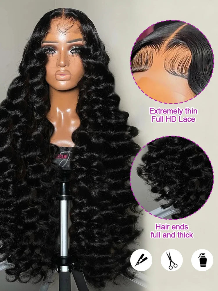 250 Density 40 42 Inch Loose Deep Wave Wigs 100% Brazilian Curly Wig Human Hair Wig 13x4 13x6 HD Transparent Lace Frontal Wig Pre Plucked Natural Black 360 Full Lace Front Human Hair Wigs For Women