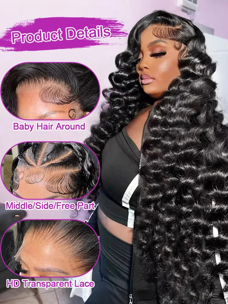 250 Density 40 42 Inch Loose Deep Wave Wigs 100% Brazilian Curly Wig Human Hair Wig 13x4 13x6 HD Transparent Lace Frontal Wig Pre Plucked Natural Black 360 Full Lace Front Human Hair Wigs For Women