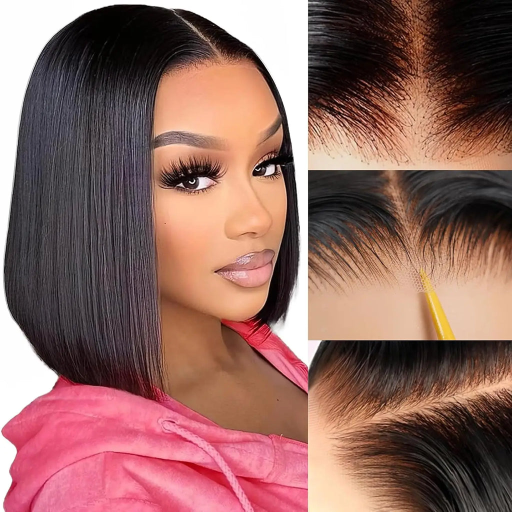 Glueless 7x5 Bob Wigs Human Hair Bone Straight 13x4 Lace Frontal Short Wigs Wear And Go Pre Cut Brazilian Hair 180 Density 10 12 Inch Black Real Hair Wig