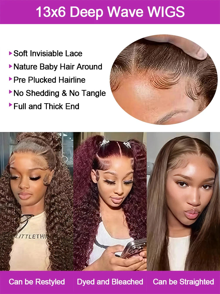 250% Density Chocolate Brown Deep Wave Lace Front Wig 44 Inch 13x6 HD Lace Front Human Hair Wigs 13x4 Brazilian Curly Transparent Human Hair Wigs Pre Plucked Hair For Black Women