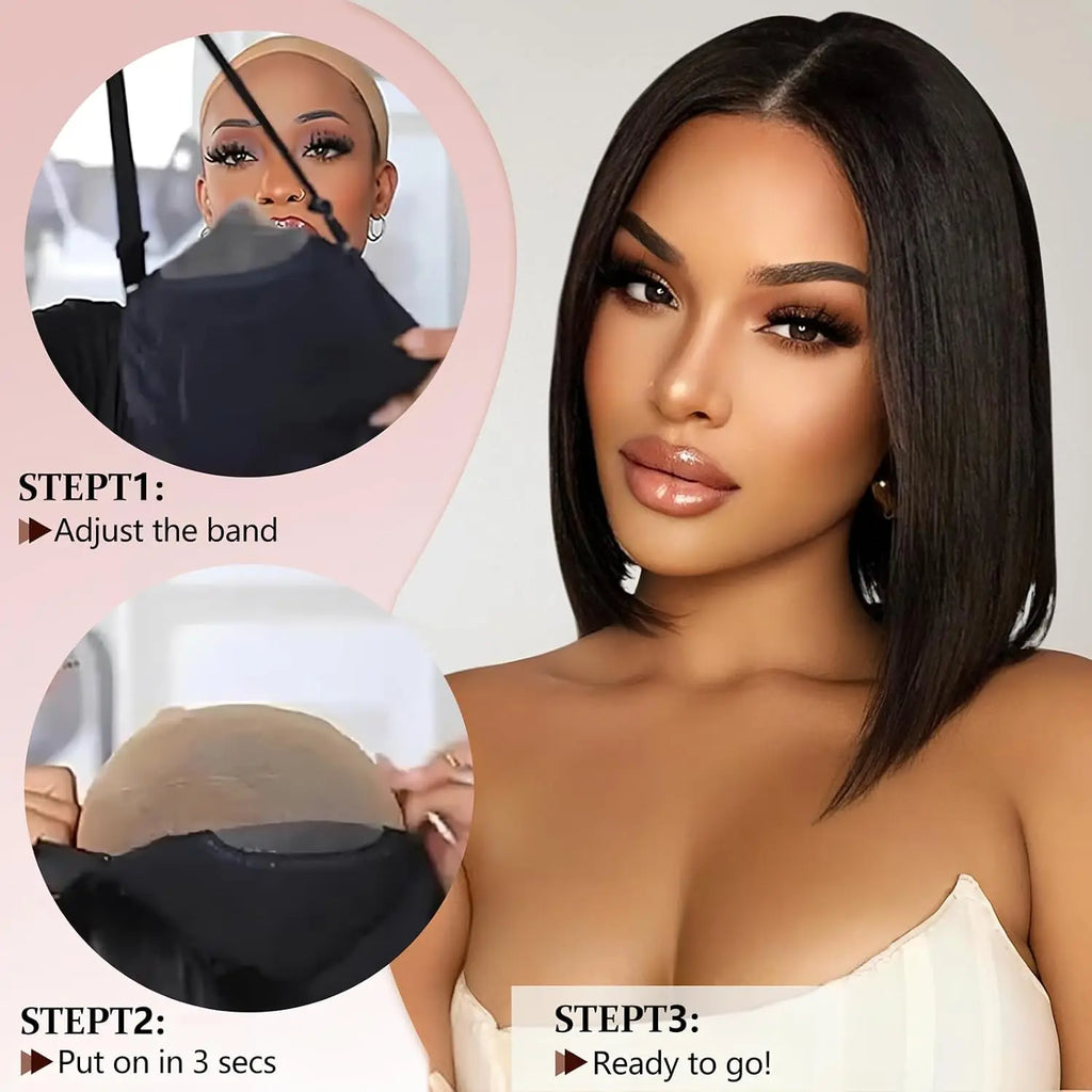 Glueless 7x5 Bob Wigs Human Hair Bone Straight 13x4 Lace Frontal Short Wigs Wear And Go Pre Cut Brazilian Hair 180 Density 10 12 Inch Black Real Hair Wig