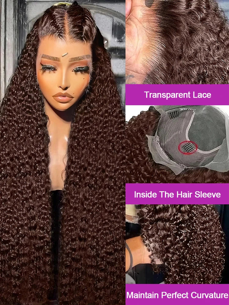 250% Density Chocolate Brown Deep Wave Lace Front Wig 44 Inch 13x6 HD Lace Front Human Hair Wigs 13x4 Brazilian Curly Transparent Human Hair Wigs Pre Plucked Hair For Black Women