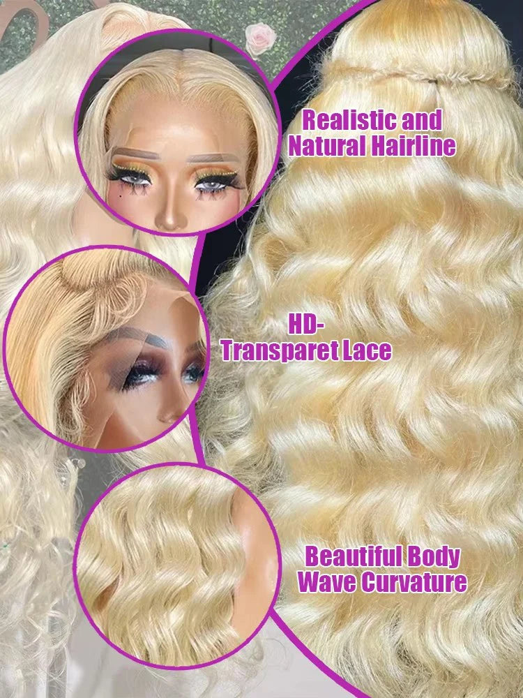220% Density 613 Honey Blonde Body Wave Lace Front Wig 40 42 Inch 13x4 HD Transparent Lace Front Wig For Women 13x6 Brazilian Human Hair Pre Plucked Natural Hairline With Baby Hair