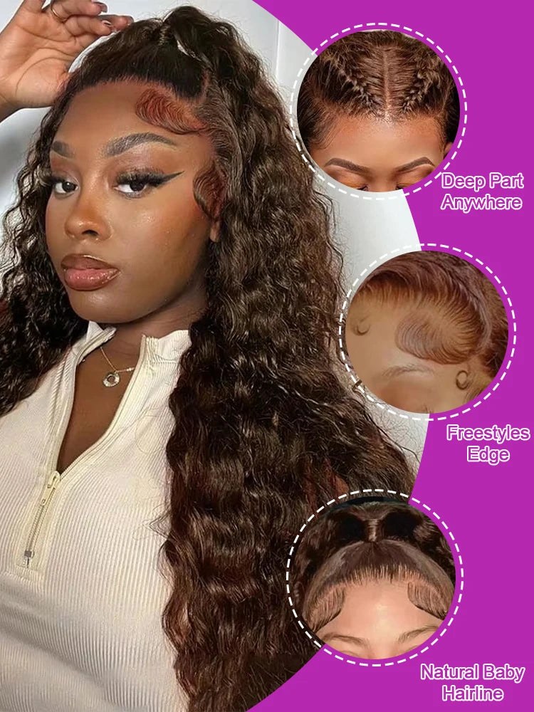 250% Density Chocolate Brown Deep Wave Lace Front Wig 44 Inch 13x6 HD Lace Front Human Hair Wigs 13x4 Brazilian Curly Transparent Human Hair Wigs Pre Plucked Hair For Black Women