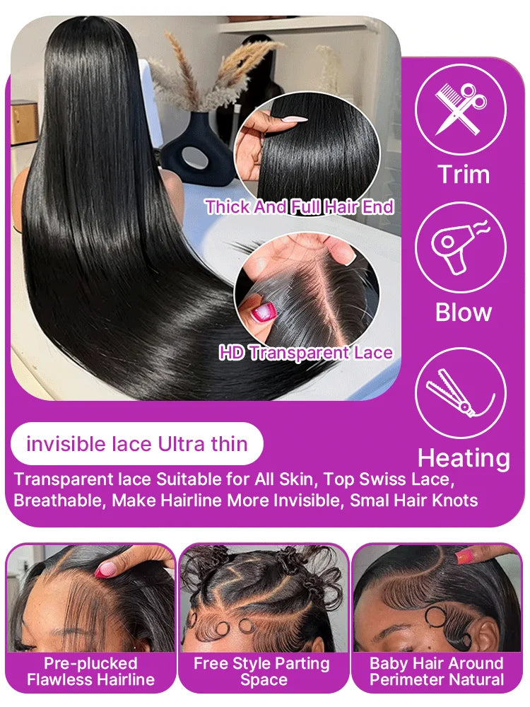 40 46 Inch Vietnamese Raw Bone Straight Human Hair Wig 100% Virgin Silky Hair 13x4 13x6 HD Transparent Lace Front Wigs For Black Women  300 Density 360 Full Smooth Wig Pre Plucked Natural Hairline ﻿