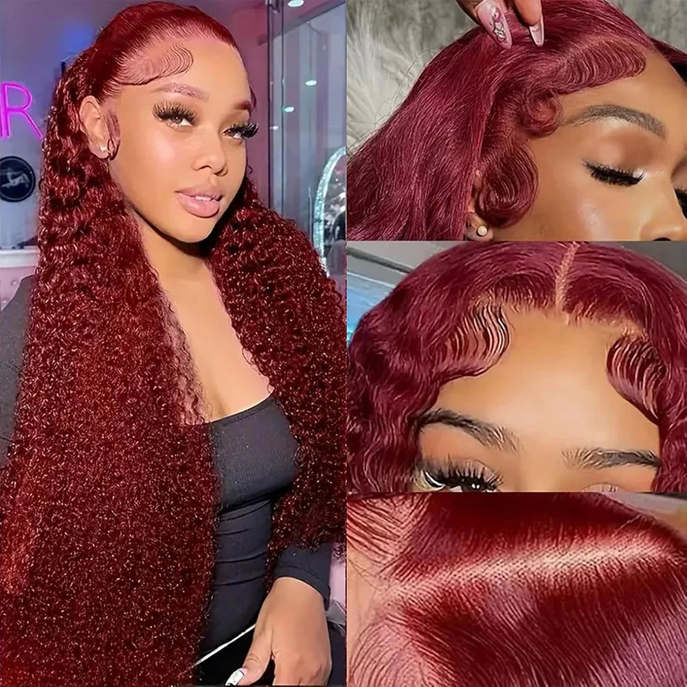 Brazilian 99J Burgundy Deep Wave Lace Front Wigs Human Hair 250 Density Curly Wig Wet and Wavy Lace Closure Beauty Wigs On Clearance Sales Pre Plucked Frontal Human Hair Wigs 32 Inch For Black Woman Cosplay Party Daily Use