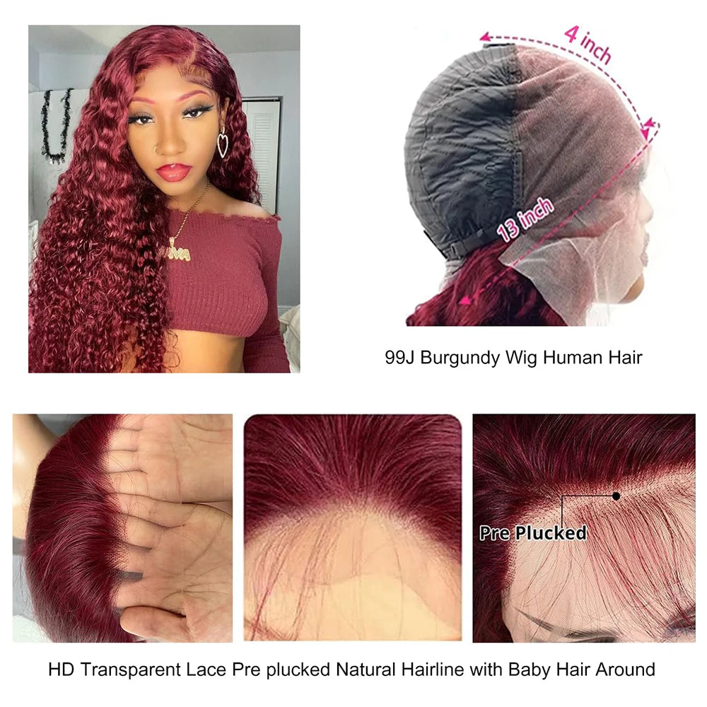 Brazilian 99J Burgundy Deep Wave Lace Front Wigs Human Hair 250 Density Curly Wig Wet and Wavy Lace Closure Beauty Wigs On Clearance Sales Pre Plucked Frontal Human Hair Wigs 32 Inch For Black Woman Cosplay Party Daily Use