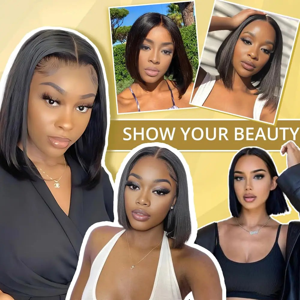 Glueless 7x5 Bob Wigs Human Hair Bone Straight 13x4 Lace Frontal Short Wigs Wear And Go Pre Cut Brazilian Hair 180 Density 10 12 Inch Black Real Hair Wig