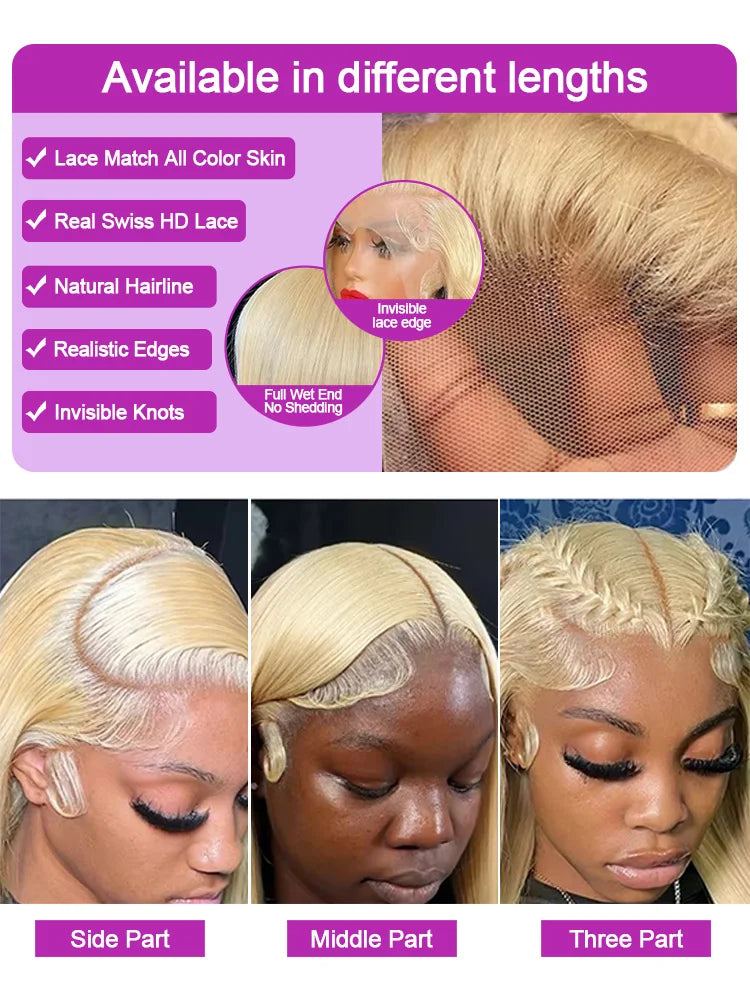 613 Blonde Bone Straight Human Hair Wig 13x4 13x6 HD Transparent Lace Front Wig Brazilian Human Hair Bone Straight Wig 250% Density Preplucked Natural Hairline For Black Women 40 42 Inch
